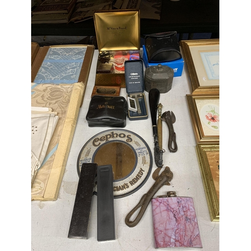 991 - A MIXED VINTAGE LOT TO INCLUDE A 'CEPHOS' ADVERTISING MIRROR, MARRIOTT BINOCULARS, THE 'FOSTER' WHIS... 