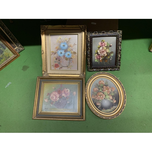 995 - FOUR STILL LIFE OIL PAINTINGS OF FLOWERS IN GILT FRAMES