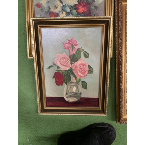 996 - FOUR STILL LIFE OIL ON BOARD PAINTINGS OF FLOWERS PLUS A PRINT IN GILT FRAMES