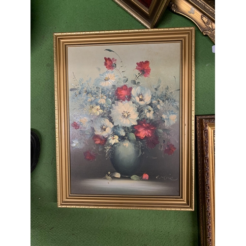 996 - FOUR STILL LIFE OIL ON BOARD PAINTINGS OF FLOWERS PLUS A PRINT IN GILT FRAMES