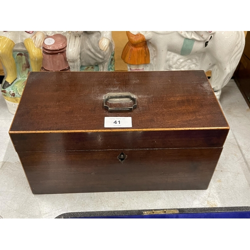 41 - A MAHOGANY TEA CADDY & CONTENTS WITH GEORGE III SILVER HANDLE, HALLMARKS FOR LONDON, 1791