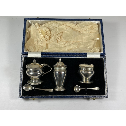 8 - A CASED SILVER CONDIMENT SET COMPRISING MUSTARD POT & SPOON, PEPPERETTE & OPEN SALT & SPOON, HALLMAR... 