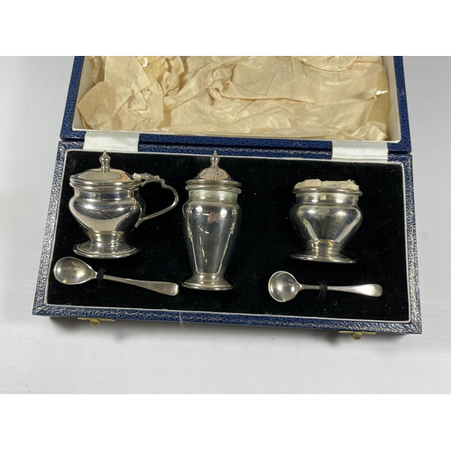 8 - A CASED SILVER CONDIMENT SET COMPRISING MUSTARD POT & SPOON, PEPPERETTE & OPEN SALT & SPOON, HALLMAR... 