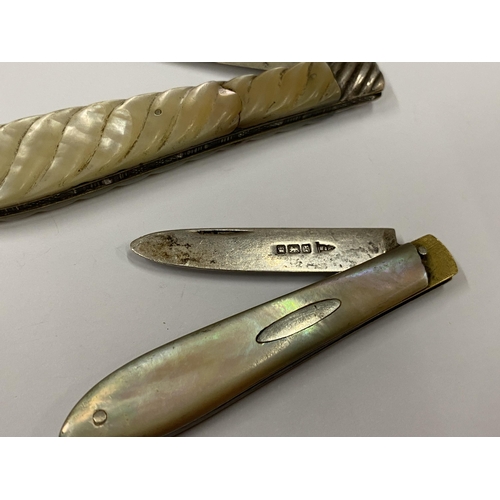 130 - TWO HALLMARKED SILVER & MOTHER OF PEARL FRUIT KNIVES