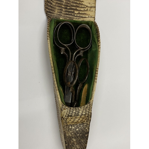 154 - A VINTAGE SNAKE SKIN SCISSORS CASE