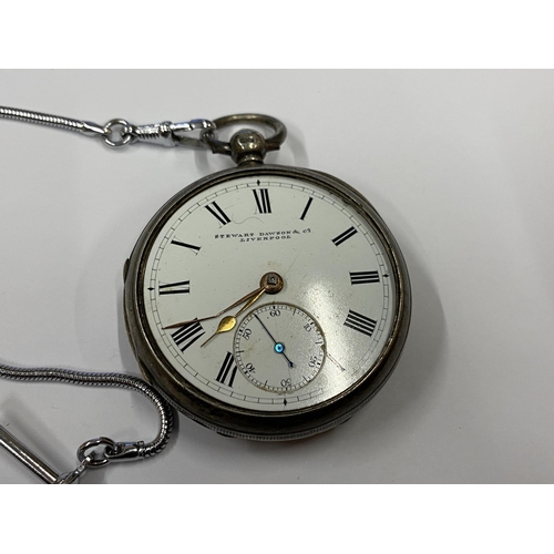 157 - A SILVER OPEN FACED POCKET WATCH AND PLATED CHAIN