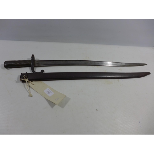 302 - A FRENCH CHASSEPOT BAYONET AND SCABBARD, 57CM BLADE DATED 1870