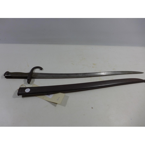 302 - A FRENCH CHASSEPOT BAYONET AND SCABBARD, 57CM BLADE DATED 1870