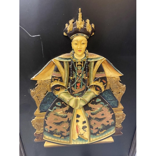 320 - A LARGE PAIR OF ORIENTAL WOODEN FRAMED PLAQUES WITH RESIN FIGURAL DESIGN, 91 X 61CM