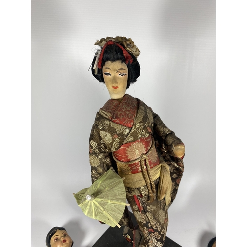 337 - THREE 1970'S CHINESE DOLL FIGURES INCLDING ONE ON STAND, HEIGHT OF TALLEST 42CM