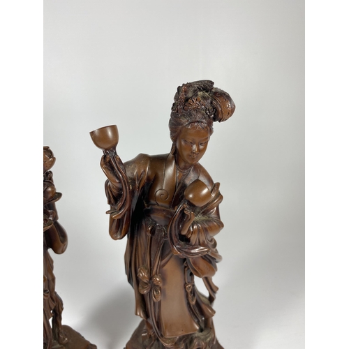 338 - A PAIR OF ORIENTAL RESIN ROOTWOOD STYLE GEISHA FIGURES, HEIGHT 27CM