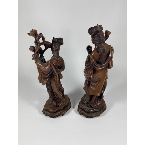 338 - A PAIR OF ORIENTAL RESIN ROOTWOOD STYLE GEISHA FIGURES, HEIGHT 27CM