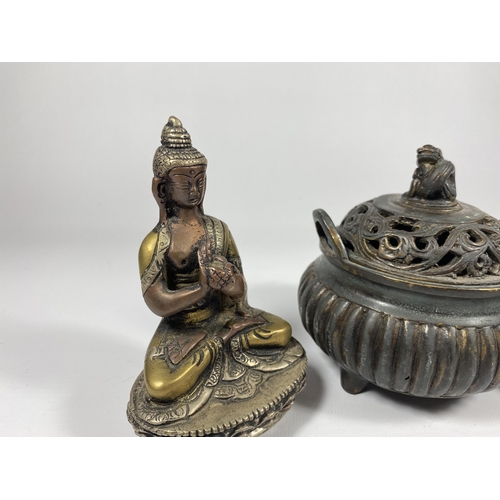 340 - THREE ITEMS - A BRASS & COPPER BUDDHA, FURTHER METAL BUDDHA AND LIDDED CENSOR, HEIGHT 10CM