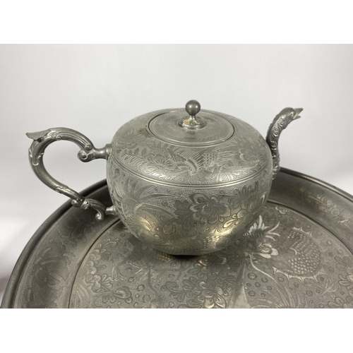 342 - A CHINESE HUIKEE SWATOW PEWTER FOUR PIECE TEA SET COMPRISING TEAPOT, DRINKS TRAY, LIDDED SUGAR BOWL ... 