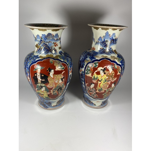 346 - A LARGE PAIR OF JAPANESE MEIJI PERIOD (1868-1912) VASES WITH FIGURAL PANELS ON A MOUNTAIN BACKGROUND... 