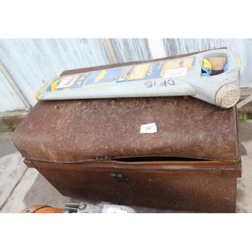 347 - A VINTAGE TIN TRUNK AND A CATV CABLE DETECTOR NO VAT