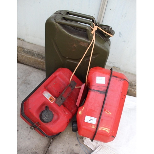 35 - A LARGE METAL JERRY CAN AND TWO FURTHER FUEL CANS NO VAT