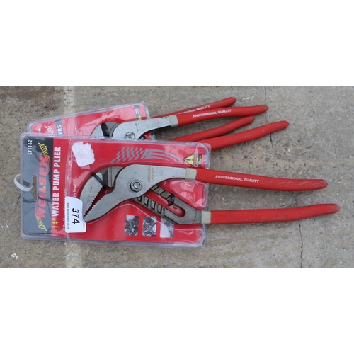 374 - THREE PAIRS OF PUMP PLIERS PLUS VAT