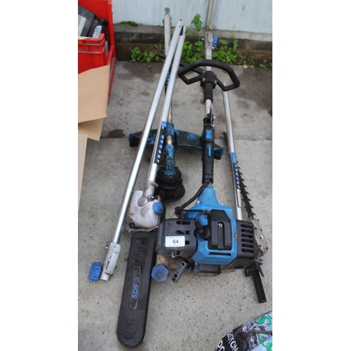 64 - AN SGS 52CC PETROL MULTITOOL WITH STRIMMER, HEDGE TRIMMER AND CHAINSAW ATTATCHMENTS NO VAT