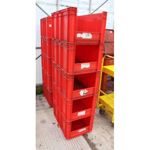 7 - TEN RED LARGE PLASTIC STACKING STORAGE BOXES NO VAT