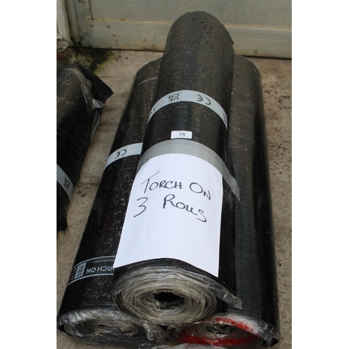 75 - THREE ROLLS OF TORCH ON ROOFING FELT NO VAT