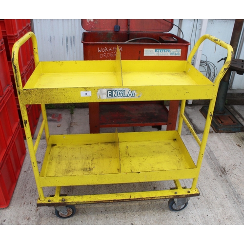 8 - A FOUR WHEELED TWO TIER METAL TROLLEY NO VAT