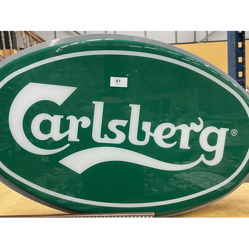 61 - A CARLSBERG, DOUBLE SIDED ILLUMINATED LIGHT BOX SIGN - WORKING ORDER AT TIME OF CATALOGUING.  WIDTH ... 
