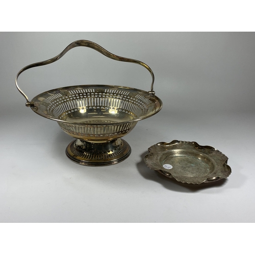97 - TWO VINTAGE SILVER PLATED ITEMS - PEDESTAL BOWL WITH PIERCED GALLERY DESIGN AND SMALLER DISH