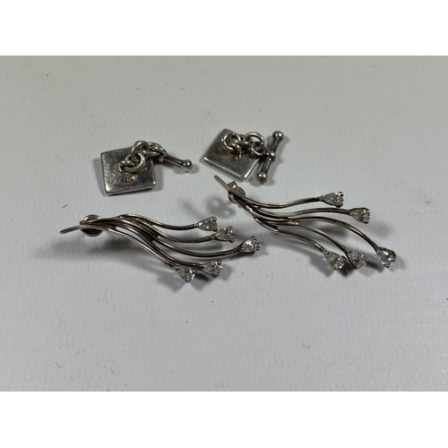 532 - A PAIR OF SILVER EARRINGS WITH MATCHING CUFFLINKS