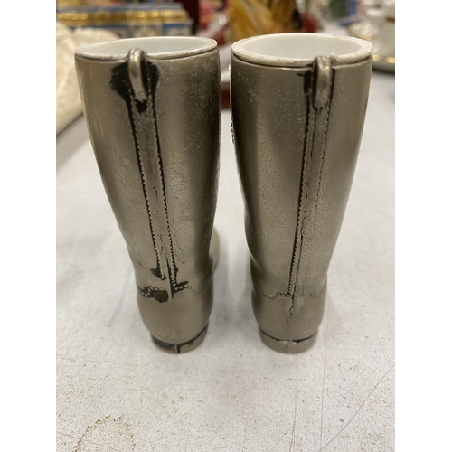 826 - A PAIR  OF SILVER PLATED WELLY BOOTS, ONE WEIGHING 1 oz, THE OTHER 1.5 oz, HEIGHT 9CM