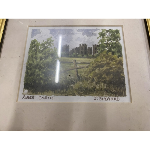 831 - FOUR SMALL FRAMED PRINTS - RIBER CASTLE, ASHFORD IN THE WATER, BONSALL CROSS AND HIGH TOR, ALL BY J ... 