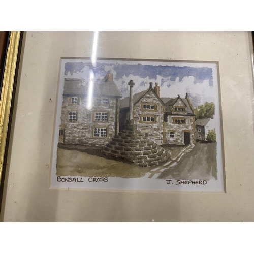 831 - FOUR SMALL FRAMED PRINTS - RIBER CASTLE, ASHFORD IN THE WATER, BONSALL CROSS AND HIGH TOR, ALL BY J ... 