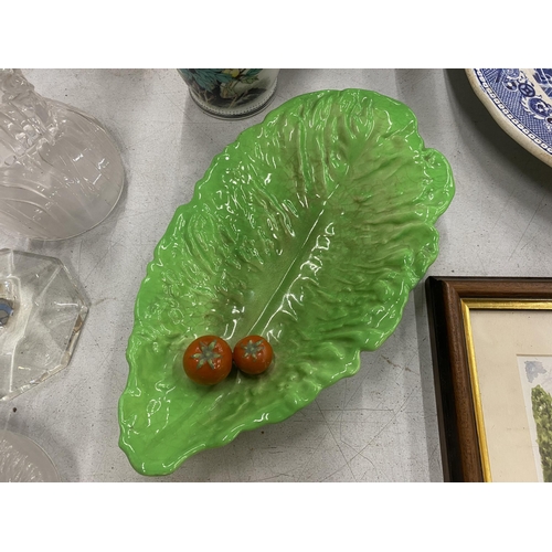 833 - TWO ORIENTAL STYLE VASES WITH PEACOCK DESIGN, A CARLTON WARE LEAF DISH WITH TOMATOES DECORATION, ONY... 