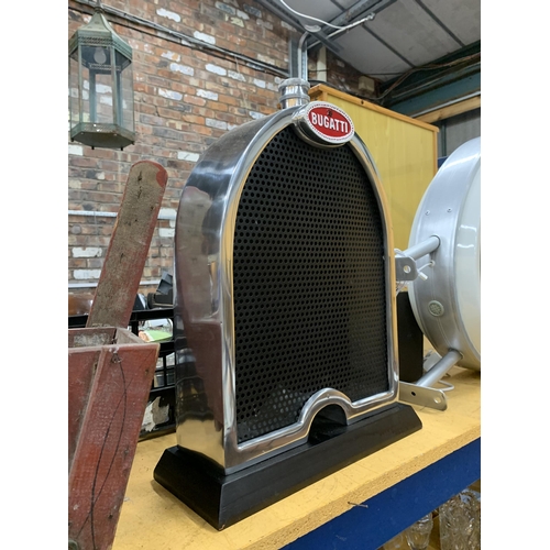 879 - A CHROME BUGATTI STYLE RADIATOR ON A BASE HEIGHT 49CM