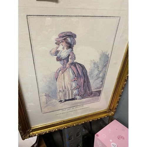 1117 - TWO FRAMED PRINTS, ONE A PARIS FASHION PLATE, THE OTHER A FARMHOUSE