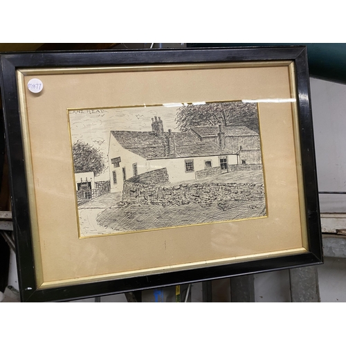 1117 - TWO FRAMED PRINTS, ONE A PARIS FASHION PLATE, THE OTHER A FARMHOUSE