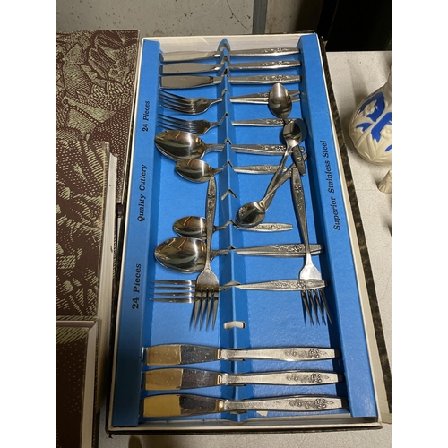 1168 - A MIXED GROUP OF ITEMS TO INCLUDE STAINLESS STEEL CUTLERY SET, BOOKS ETC