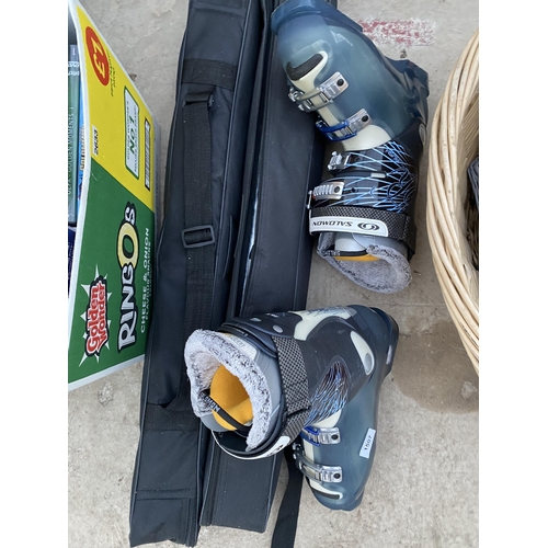 1507 - A PAIR OF SKI BOOTS AND TO FOLDING DISPLAY STANDS