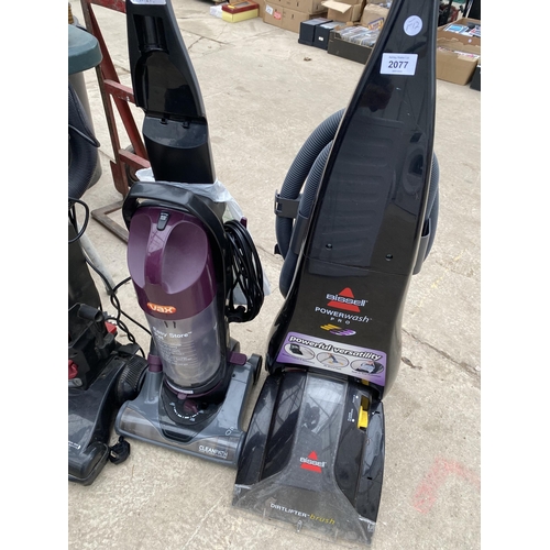 2077 - THREE VACUUM CLEANERS TO INCLUDE A BISSELL CARPET CLEANER, VAX AND BISSELL BAGLESS VACUUM