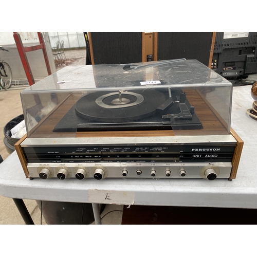 2114 - A FERGUSON RECORD PLAYER AND A PAIR OF WOODEN CASED SPEAKERS