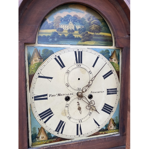 2208 - A VICTORIAN MAHOGANY EIGHT-DAY LONGCASE CLOCK WITH PAINTED ENAMEL DIAL, BY THOS. METCALFE, STOCKTON