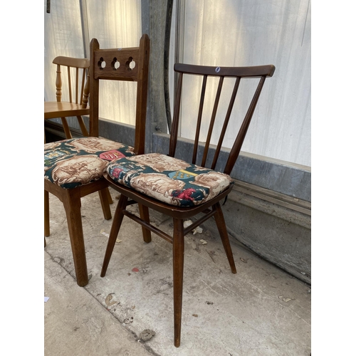 2232 - AN ERCOL DINING CHAIR, GOTHIC OAK DINING CHAIR AND KITCHEN STOOL