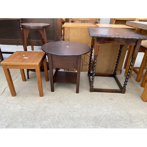 2272 - AN OAK SEWING TABLE/BOX AND THREE OTHER TABLES