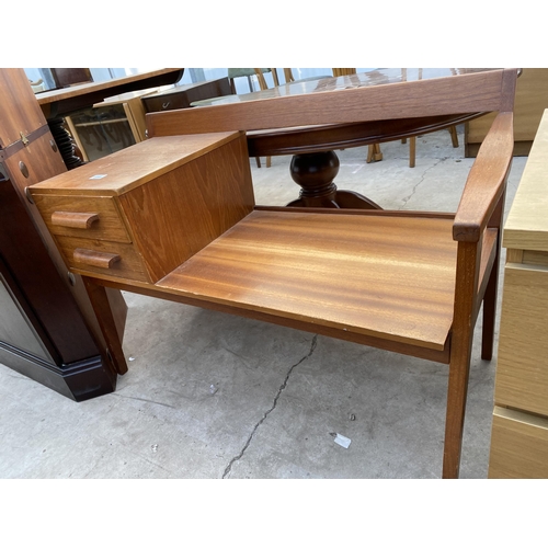 2298 - A RETRO TEAK TELEPHONE TABLE/SEAT ENCLOSING TWO DRAWERS, 36