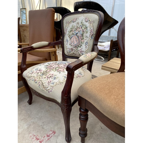 2303 - THREE VICTORIAN MAHOGANY DINING CHAIRS AND CONTINETNAL STYLE ELBOW CHAIR