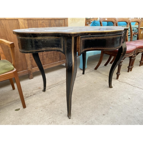 2326 - A 19TH CENTURY EBONISED CENTRE TABLE WITH BOULLE INSET TOP, COMPLETE WITH SINGLE DRAWER, ON CABRIOLE... 