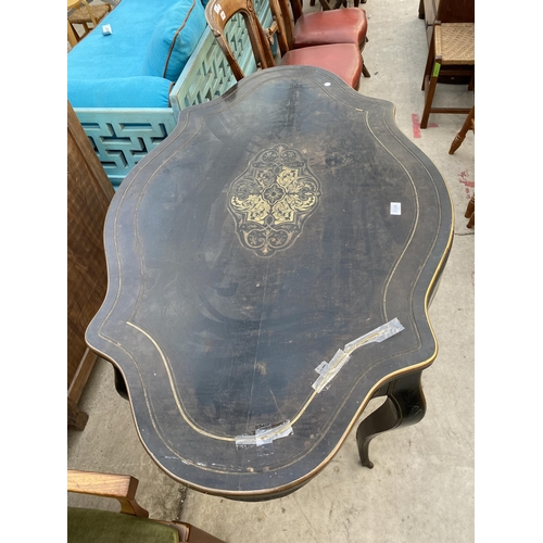 2326 - A 19TH CENTURY EBONISED CENTRE TABLE WITH BOULLE INSET TOP, COMPLETE WITH SINGLE DRAWER, ON CABRIOLE... 