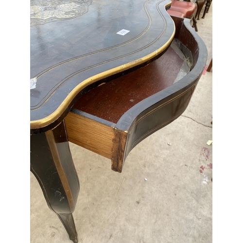 2326 - A 19TH CENTURY EBONISED CENTRE TABLE WITH BOULLE INSET TOP, COMPLETE WITH SINGLE DRAWER, ON CABRIOLE... 