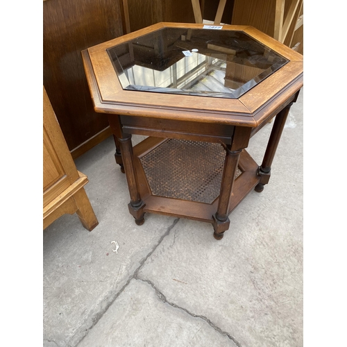 2370 - A MODERN HEXAGONAL COFFEE TABLE WITH GLASS INSET TOP AND SPLIT CANE BOTTOM TIER, 28