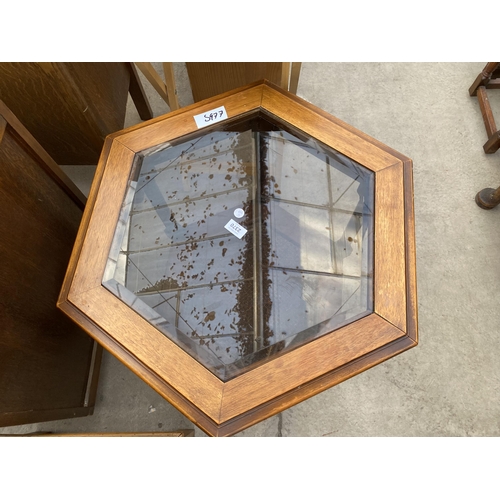 2370 - A MODERN HEXAGONAL COFFEE TABLE WITH GLASS INSET TOP AND SPLIT CANE BOTTOM TIER, 28